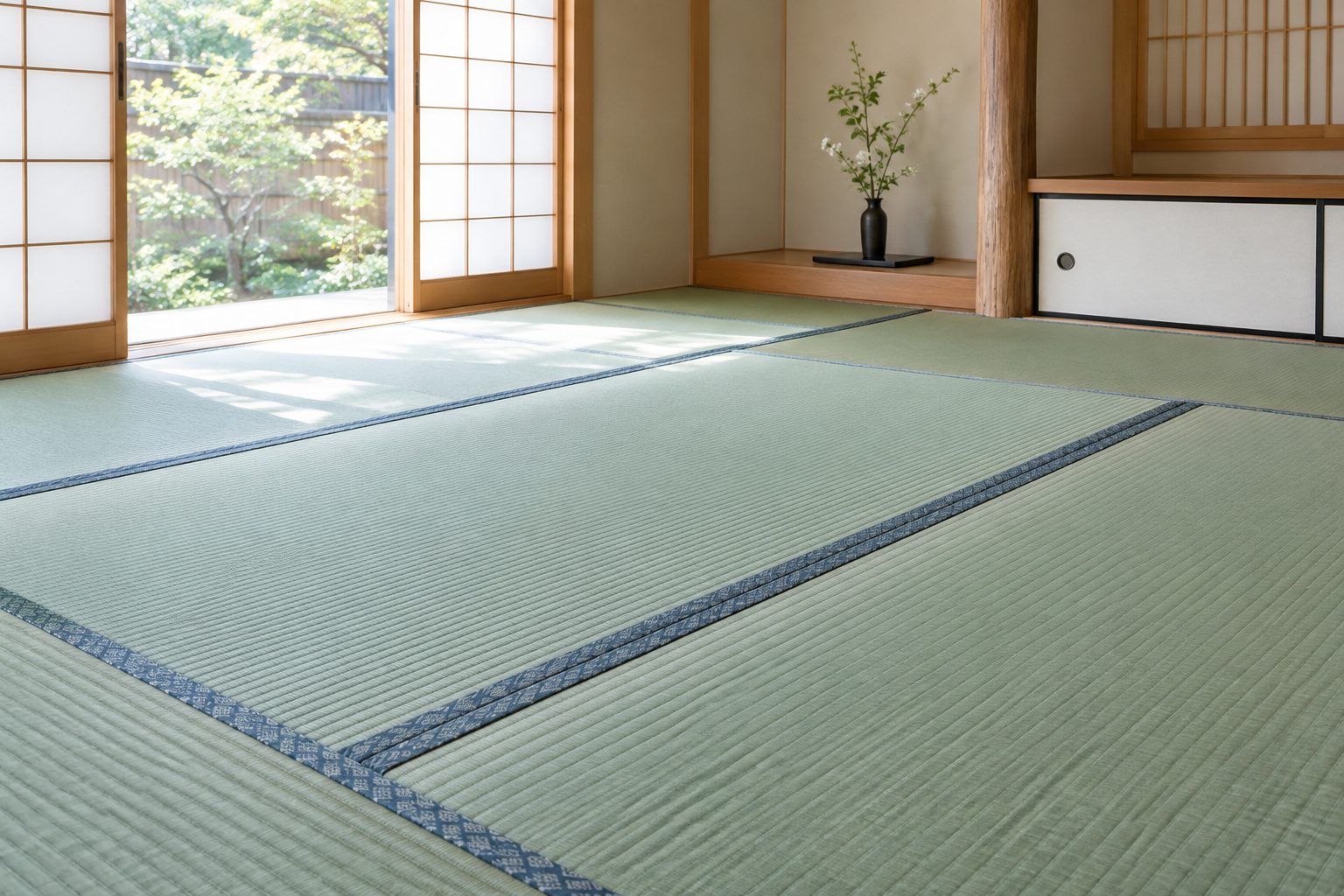 日本の和室に敷かれた青々とした新しいい草畳。窓から自然光が差し込んでいる