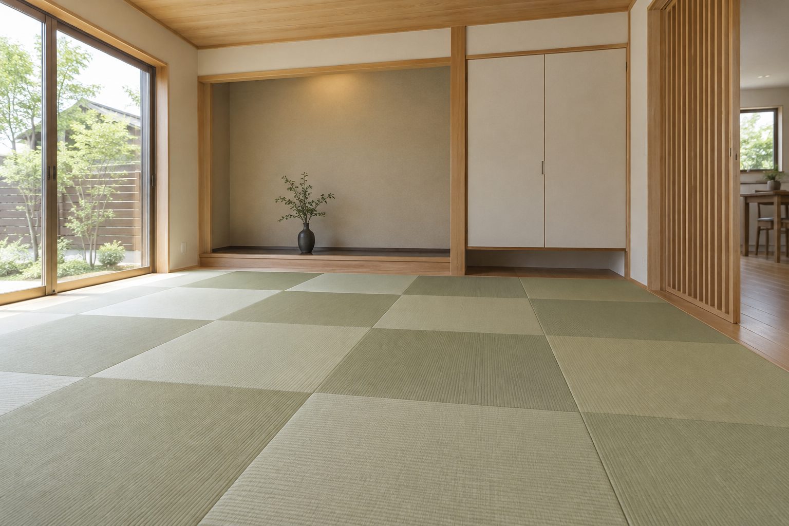 市松模様に敷かれた縁の無い琉球畳の和モダンな部屋
